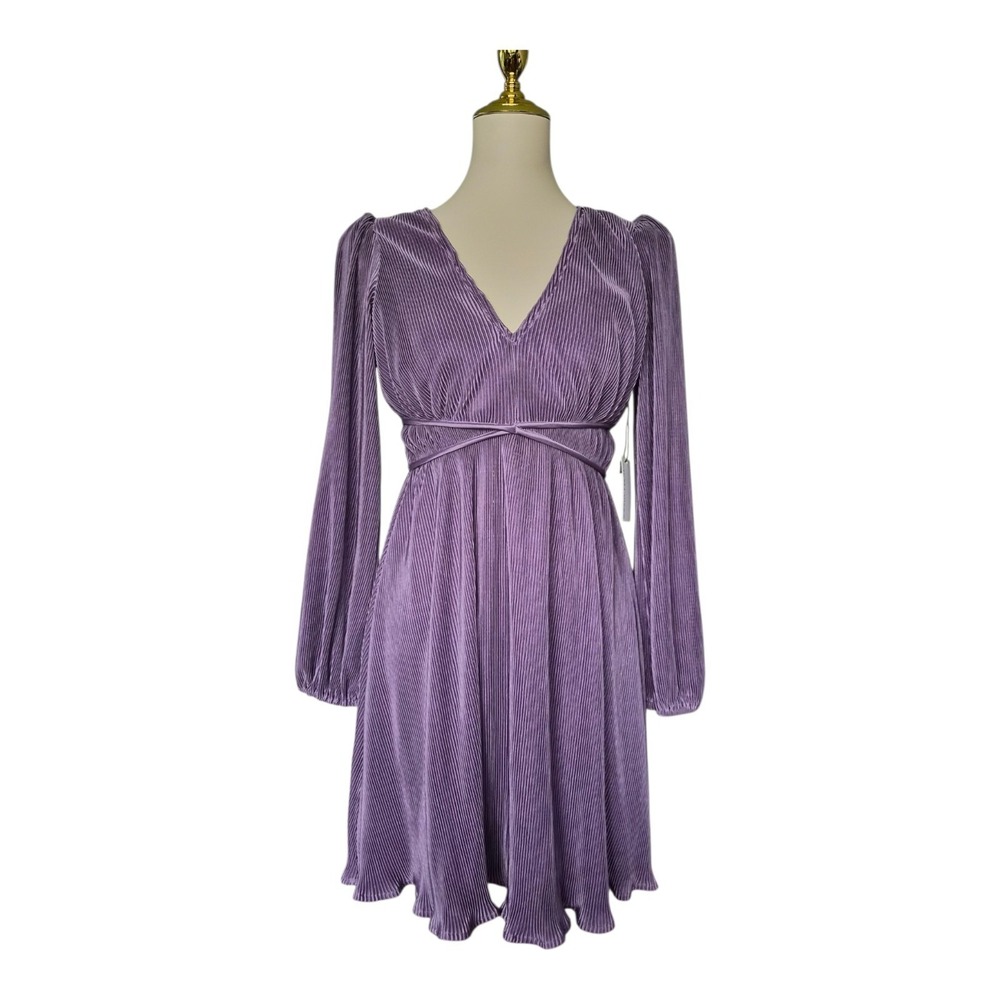 Floret Studios Purple Pleated Mini Dress Long Sleeve Empire Waist Flowy M‎ Nwt